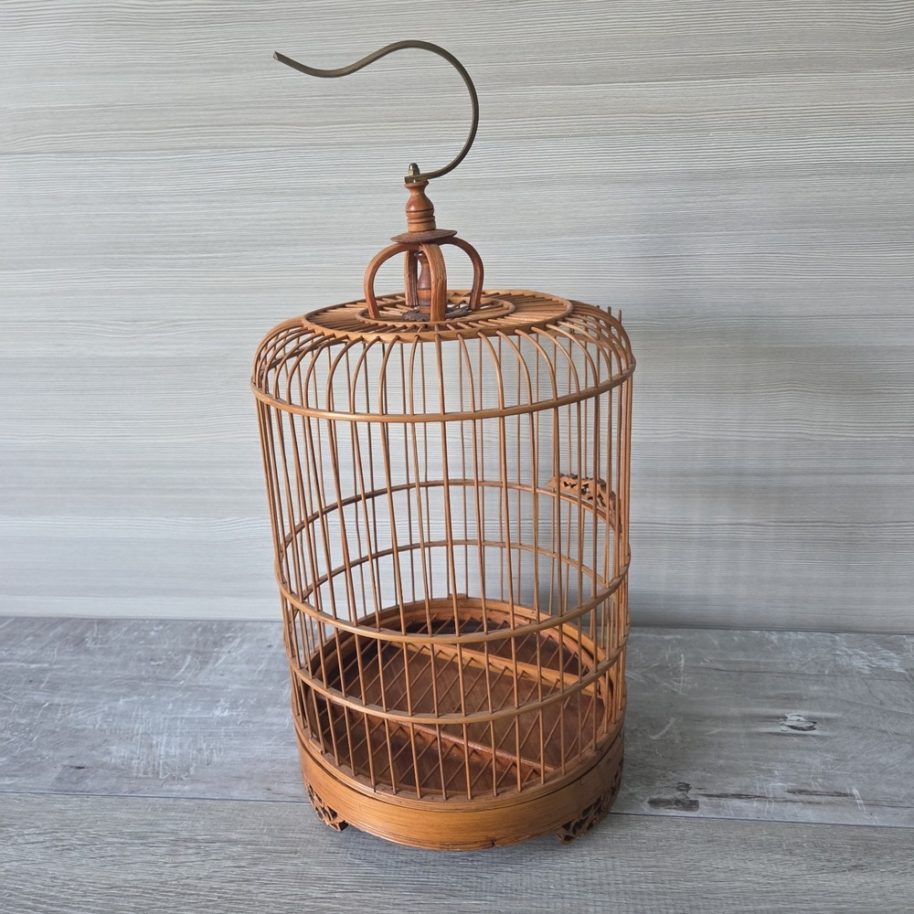 Antique Style Chinese Bamboo Bird Cage Wood Dome Etched Boho Decor